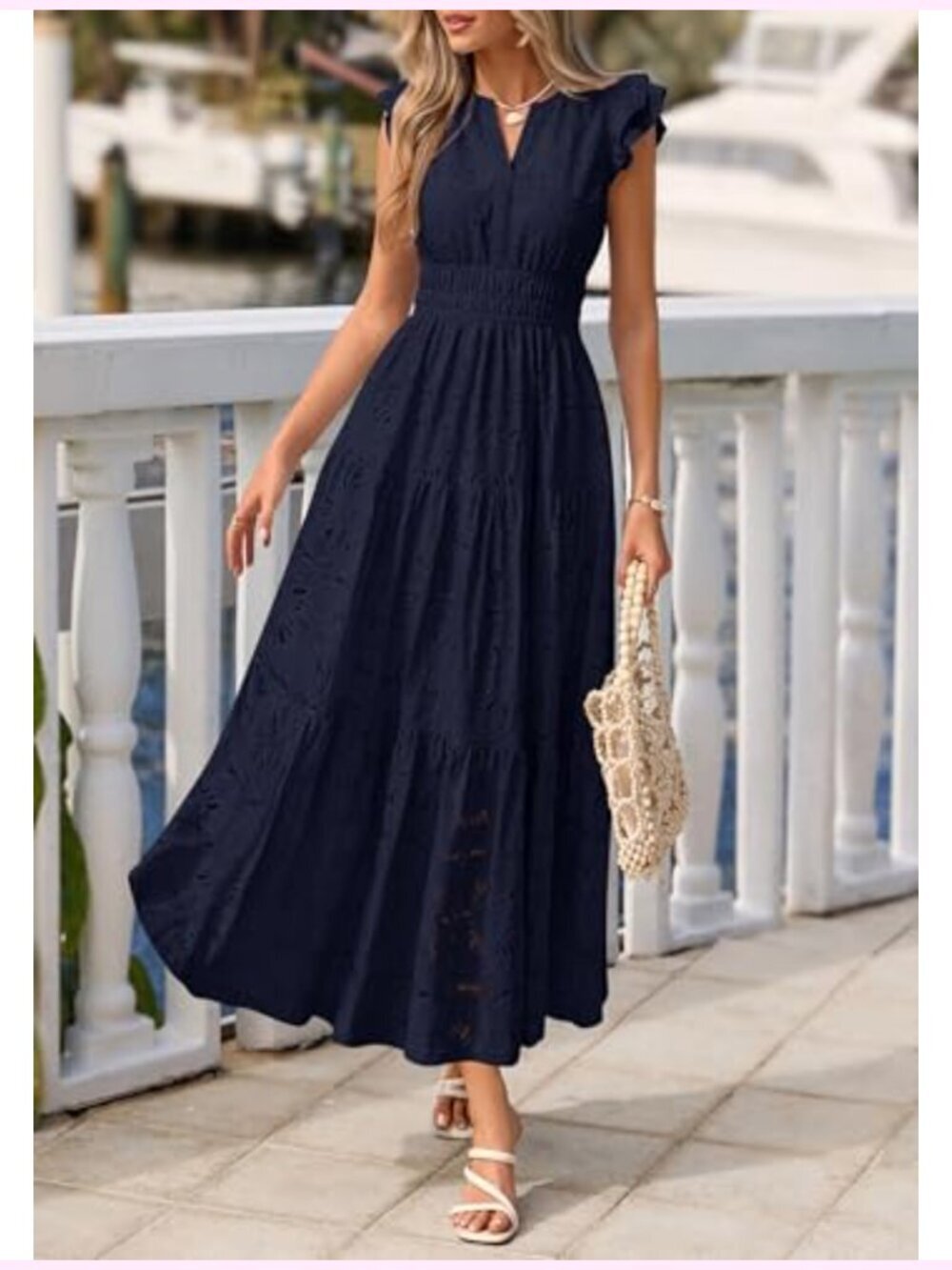 Boho Eyelet Maxi Dress V-Neck Flutter Sleeve Tiered Ruffle A-Line Wedding Guest - Picture 5 of 6